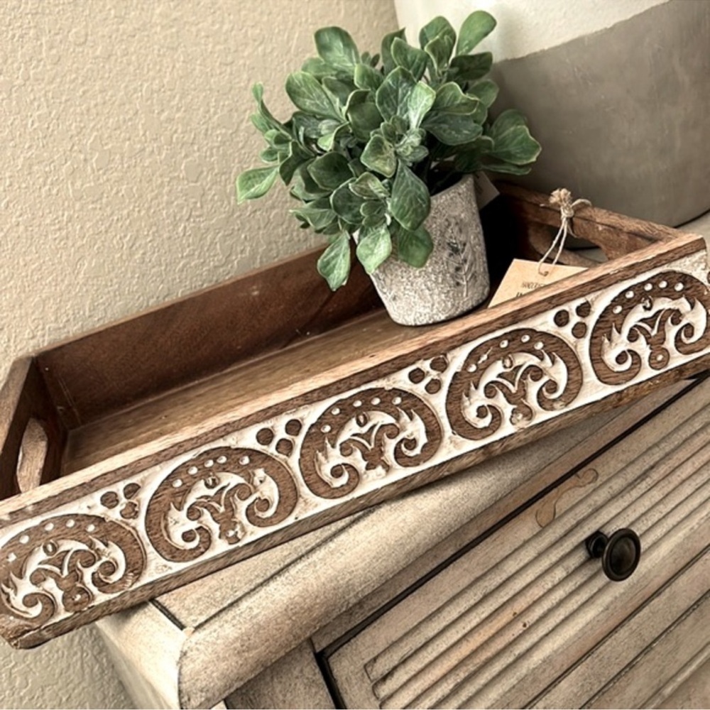New! Rustic Farmhouse Boho Chic hand carved wood tray